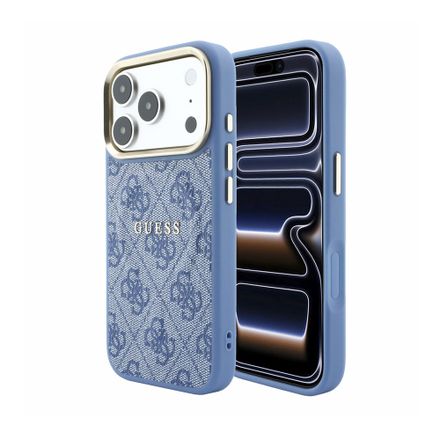 Guess PU Leather 4G Gold Frame Embossed MagSafe kryt iPhone 18 Pro modrý