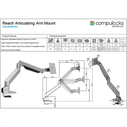 Compulocks Cling Reach Universal Tablet Articulating Arm, Silver/Black