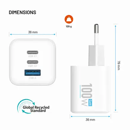 FIXED GaN Mini Sieťová nabíjačka s 2xUSB-C a USB výstupom a podporou PD, 100W, biela