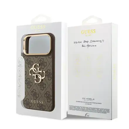Guess PU Leather 4G Metal Logo Gold Frame kryt iPhone 18 Pro Max hnedý