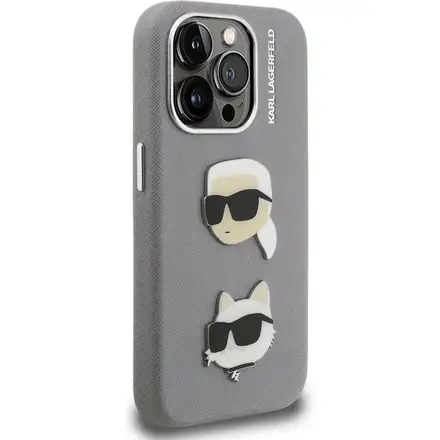 Karl Lagerfeld Grained PU K&CH Heads kryt iPhone 15 Pro Max šedý