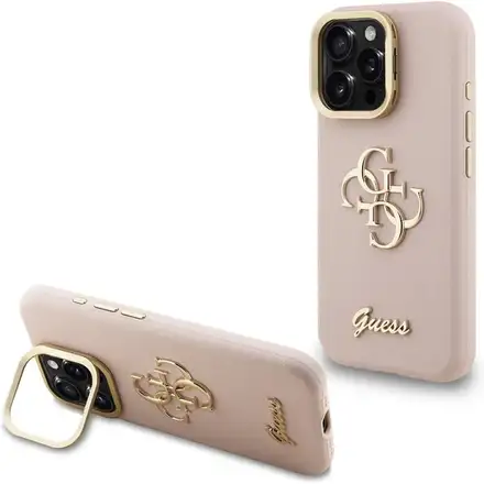 Guess PU Grained 4G Logo Stand Camera Frame kryt iPhone 15 Pro ružový