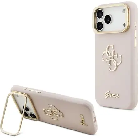 Guess PU Grained 4G Logo Stand Camera Frame kryt iPhone 17 Pro ružový