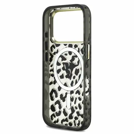 Guess IML Glitter Leopard Triangle Logo MagSafe kryt iPhone 18 Pro čierny