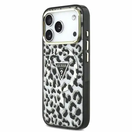 Guess IML Glitter Leopard Triangle Logo MagSafe kryt iPhone 18 Pro Max čierny
