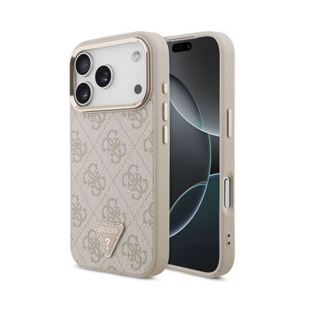 Guess PU Leather 4G Strass Triangle Logo Gold Frame MagSafe kryt iPhone 18 Pro ružový