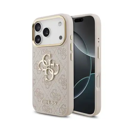 Guess PU Leather 4G Metal Logo Gold Frame kryt iPhone 18 Pro ružový