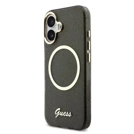 Guess IML Glitter Script Strap MagSafe kryt iPhone 17 čierny