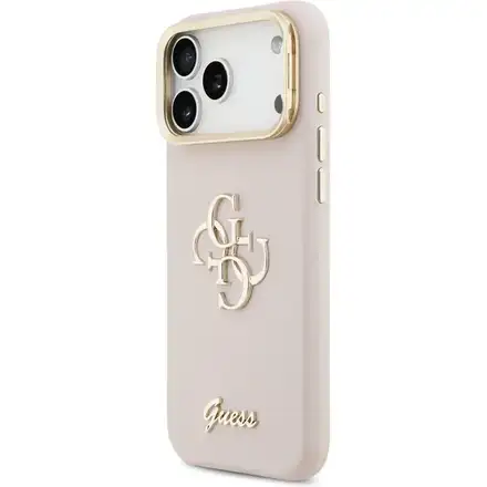 Guess PU Grained 4G Logo Stand Camera Frame kryt iPhone 17 Pro Max ružový