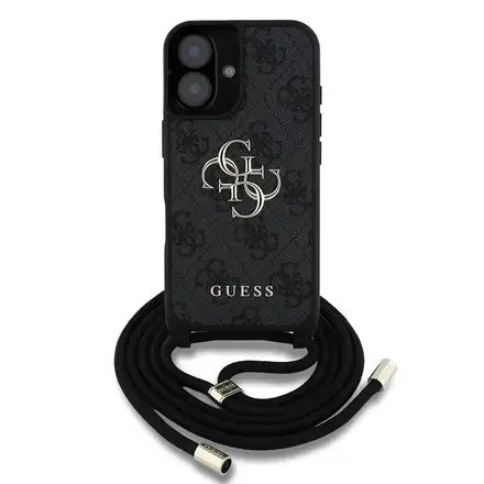 Guess PU 4G Metal Logo Crossbody Popruh kryt iPhone 16 čierny