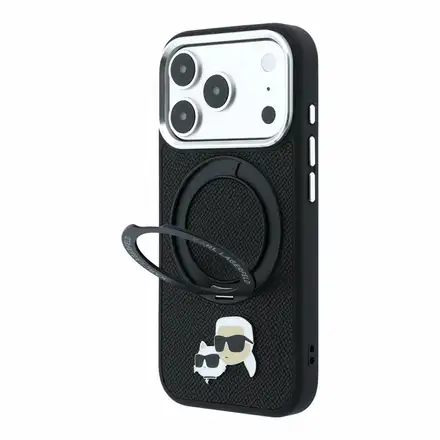 Karl Lagerfeld PU Grained K&CH Heads Ring Stand Magsafe kryt iPhone 18 Pro Max čierna