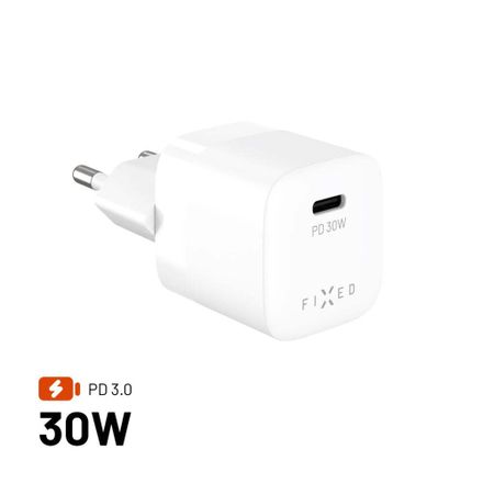 FIXED Mini Sieťová GaN nabíjačka s USB-C výstupom a podporou PD, 30W, biela