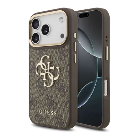 Guess PU Leather 4G Metal Logo Gold Frame kryt iPhone 18 Pro hnedý