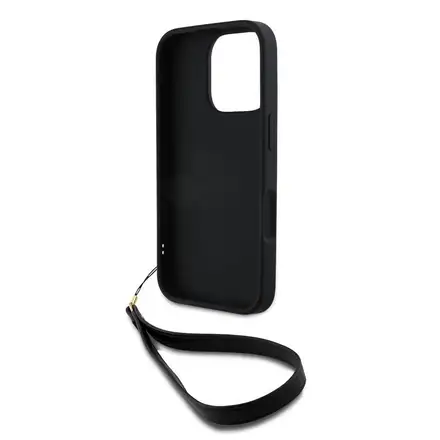 DKNY PU Leather Stack Logo Wrist Strap kryt iPhone 16 Pro čierny