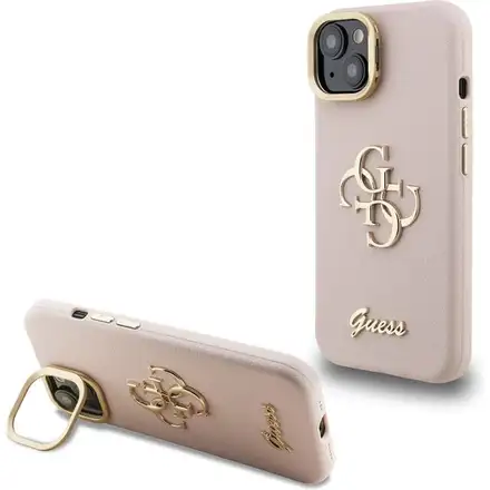 Guess PU Grained 4G Logo Stand Camera Frame kryt iPhone 15 ružový