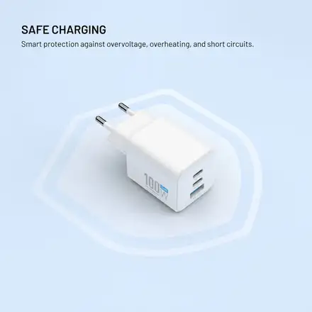 FIXED GaN Mini Sieťová nabíjačka s 2xUSB-C a USB výstupom a podporou PD, 100W, biela