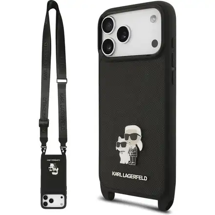 Karl Lagerfeld Saffiano Crossbody Popruh Metal Karl and Choupette kryt iPhone 17 Pro čierny