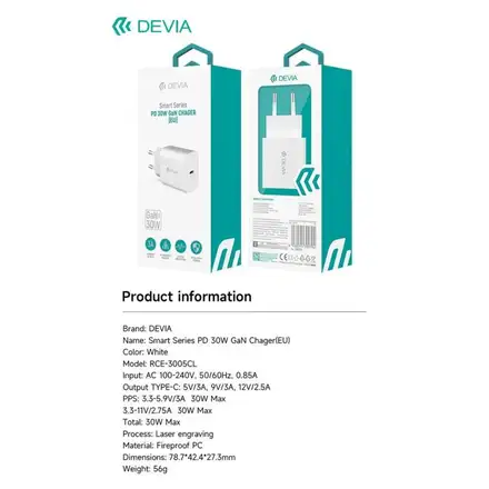 Devia sieťová nabíjačka Smart series PD Quick Charger 30W - White