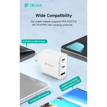 Devia sieťová nabíjačka Extreme Speed GaN PD 2x USB-C/USB-A 65W - White