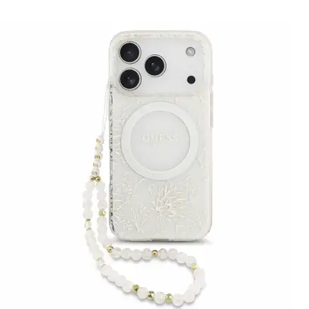 Guess IML Flowers Allover Strap MagSafe kryt iPhone 18 Pro biely