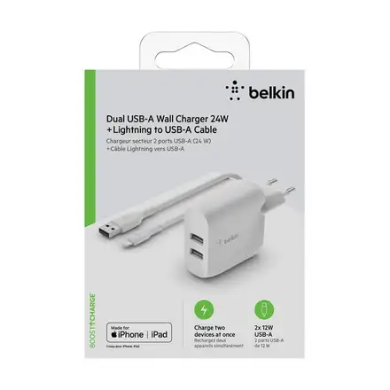 Belkin Boost Charge Dual USB-A Wall Charger 24W + 1m USB/Lightning kábel - White