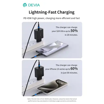 Devia sieťová nabíjačka Rocket Series PD Quick Charger 45W + Cable - Black