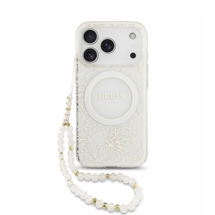 Guess IML Flowers Allover Strap MagSafe kryt iPhone 18 Pro biely