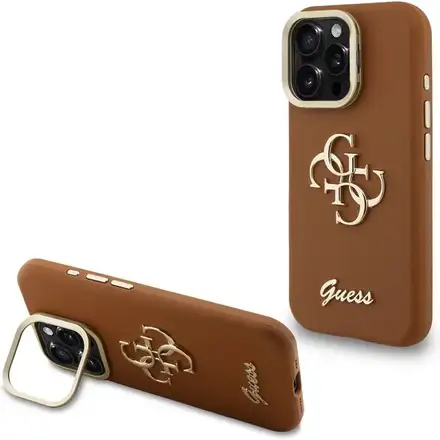 Guess PU Grained 4G Logo Stand Camera Frame kryt iPhone 15 Pro Max hnedý