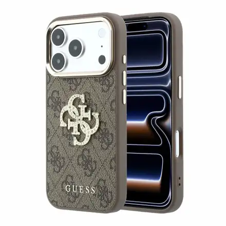 Guess PU 4G Strass Metal Logo kryt iPhone 18 Pro Max hnedý