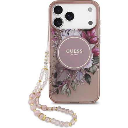 Guess IML Flowers Strap MagSafe kryt iPhone 17 Pro ružový