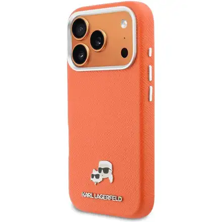 Karl Lagerfeld PU Karl and Choupette Heads Pins MagSafe kryt iPhone 17 Pro Max oranžový