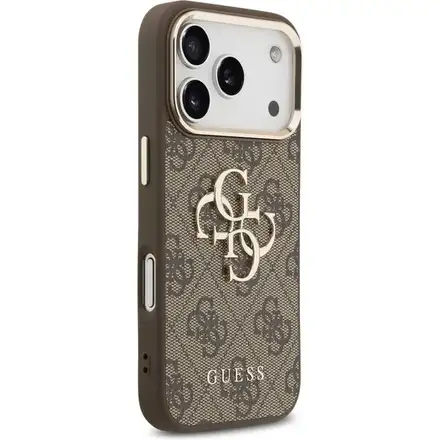 Guess PU Leather 4G Metal Logo Gold Frame kryt iPhone 17 Pro Max hnedý