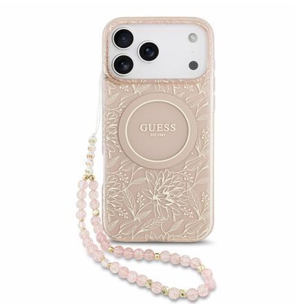 Guess IML Flowers Allover Strap MagSafe kryt iPhone 18 Pro Max ružový