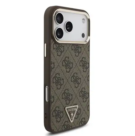 Guess PU Leather 4G Strass Triangle Logo Gold Frame MagSafe kryt iPhone 18 Pro hnedý