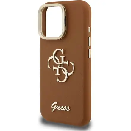 Guess PU Grained 4G Logo Stand Camera Frame kryt iPhone 15 Pro hnedý