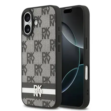 DKNY PU Leather Checkered Pattern and Stripe kryt iPhone 17 čierny.