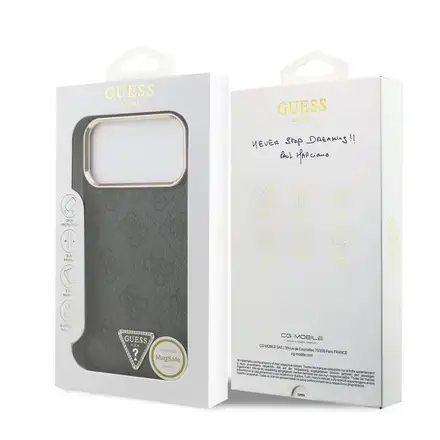 Guess PU Leather 4G Strass Triangle Logo Gold Frame MagSafe kryt iPhone 18 Pro čierny