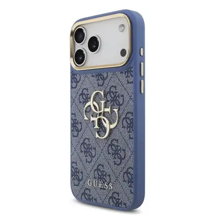 Guess PU Leather 4G Metal Logo Gold Frame kryt iPhone 18 Pro Max modrý