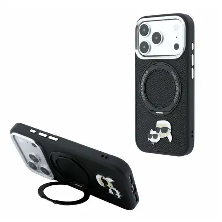 Karl Lagerfeld PU Grained K&CH Heads Ring Stand Magsafe kryt iPhone 18 Pro Max čierna