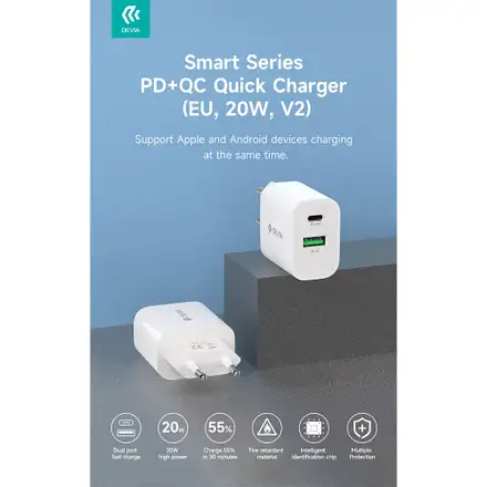 Devia sieťová nabíjačka Smart Series PD& QC 20W V2 - White