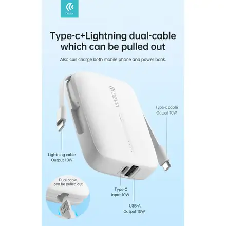 Devia powerbank Kintone Built-in Dual Cable 10000 mAh - White