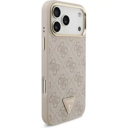 Guess PU Leather 4G Strass Triangle Logo Gold Frame MagSafe kryt iPhone 17 Pro Max ružový