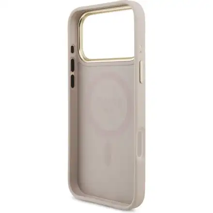 Guess PU Leather 4G Strass Triangle Logo Gold Frame MagSafe kryt iPhone 17 Pro Max ružový