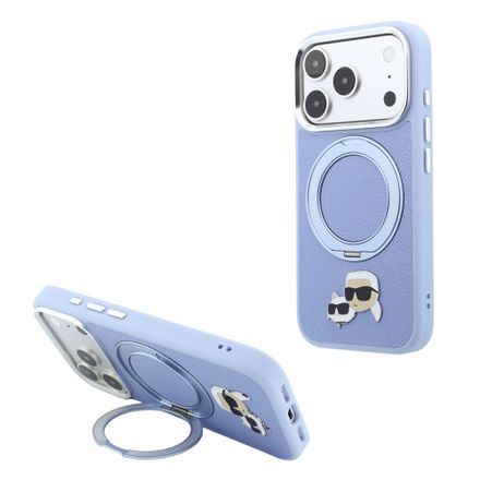Karl Lagerfeld PU Grained K&CH Heads Ring Stand Magsafe kryt iPhone 18 Pro Max modrý