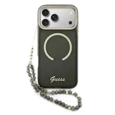Guess IML Glitter Script Strap MagSafe kryt iPhone 17 Pro Max čierny