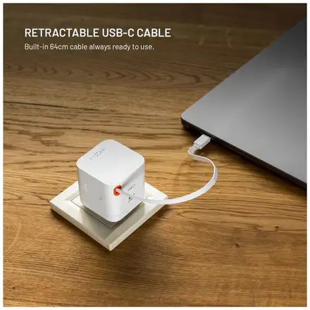 FIXED Sieťová GaNnabíjačka s 2xUSB-C výstupom PD 3.0, so samonavýjacím káblom, 65W, biela