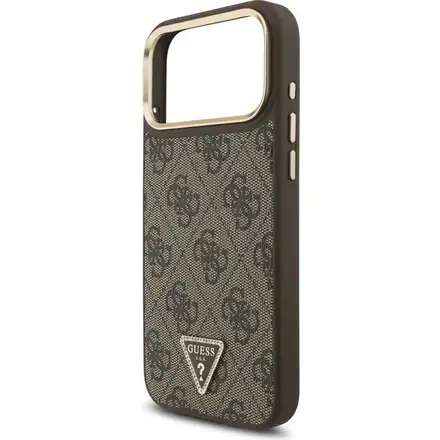Guess PU Leather 4G Strass Triangle Logo Gold Frame MagSafe kryt iPhone 17 Pro Max hnedý