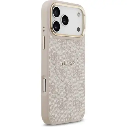 Guess PU Leather 4G Strass Triangle Logo Gold Frame MagSafe kryt iPhone 17 Pro Max ružový