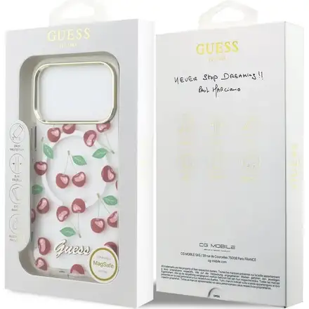 Guess IML Glitter Cherry MagSafe kryt iPhone 17 Pro biely