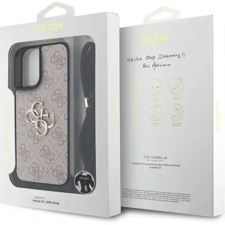 Guess PU 4G Metal Logo Crossbody Popruh kryt iPhone 16 ružový